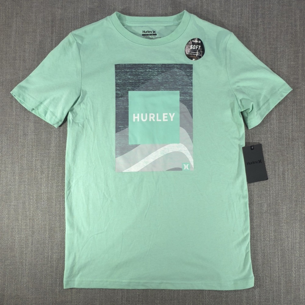 Hurley Shirt Boys Large 12-13 Yrs Green Glow Box Logo Graphic Tee Short Sleeve
